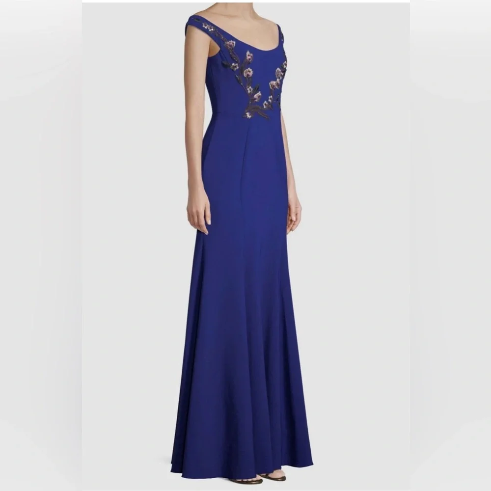 Marchesa Notte Blue Floral Embroidered Long Formal Evening Gown Dress - Picture 2 of 16